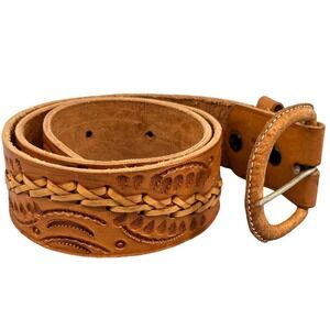 Vintage Mexican Hand-Tooled Scorpion Braid Leather Belt - Size 30